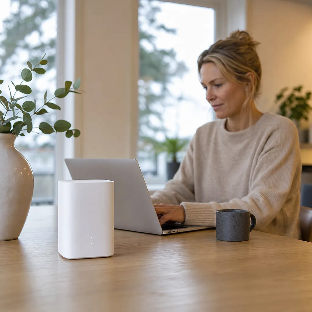 5G-router som står inomhus och delar trådlöst nät till ett hushåll