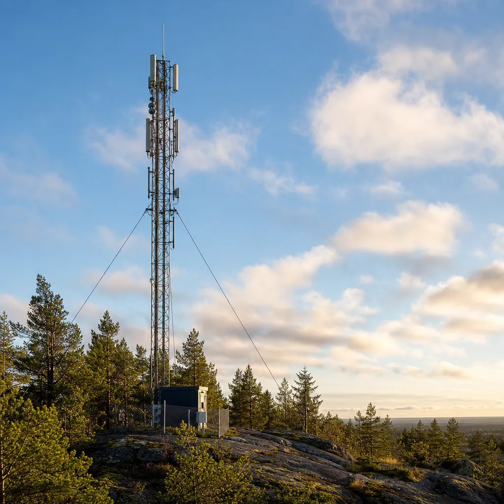 Stadssiluett med 5G-master som illustrerar mobilnätets utbyggnad