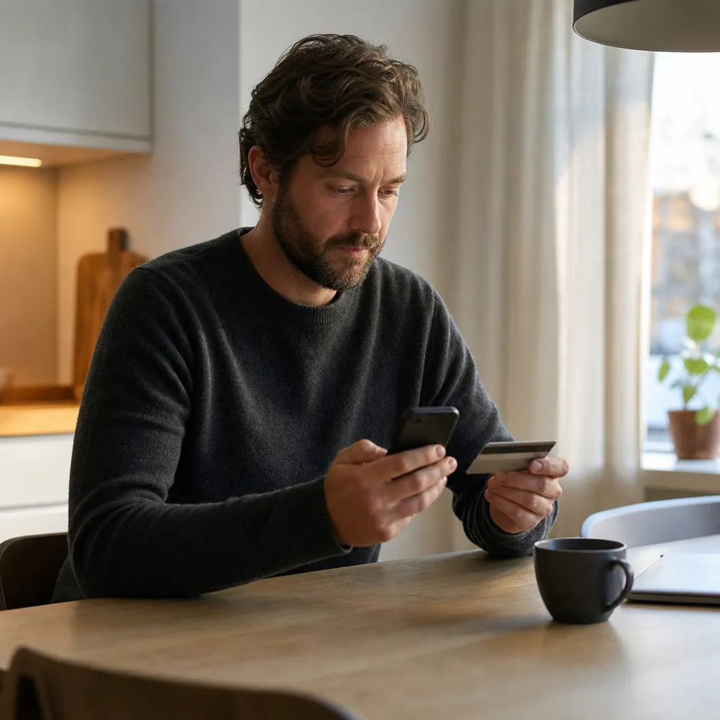 Person som betalar mobilabonnemang med kort i mobilen