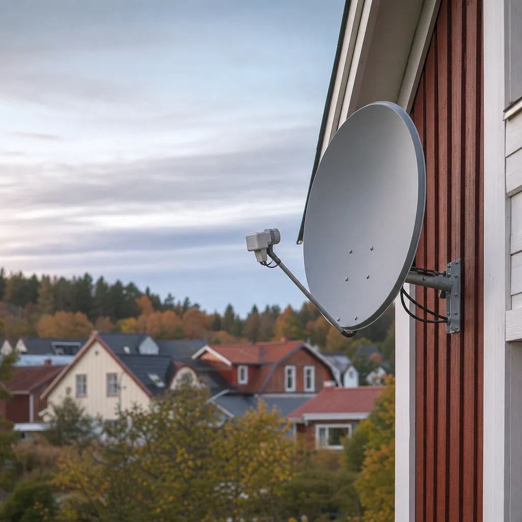 Parabolantenn på ett hus med tv-tittande inomhus