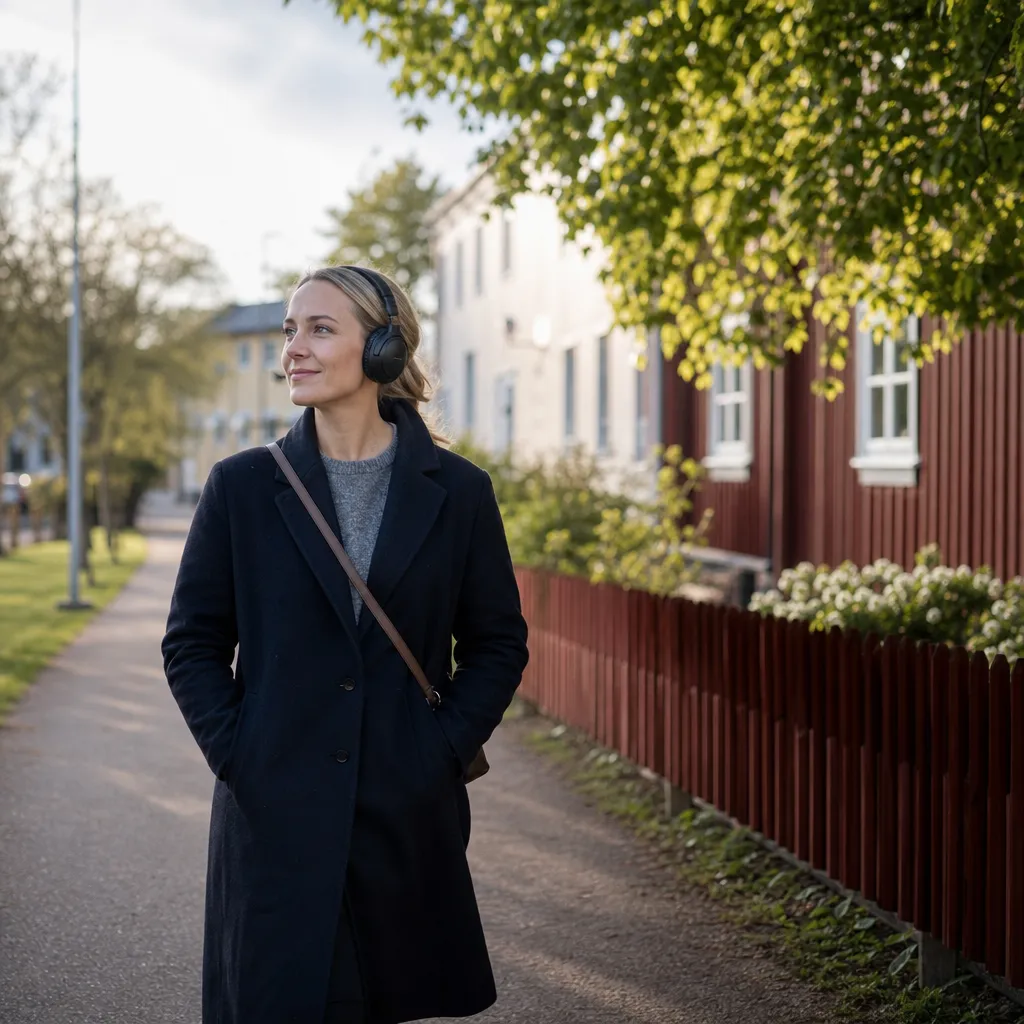 Person som lyssnar på ljudbok i mobilen med hörlurar
