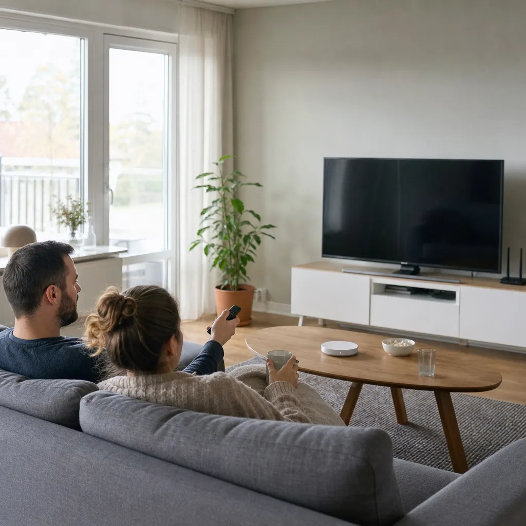 Tv ansluten till bredband i ett vardagsrum