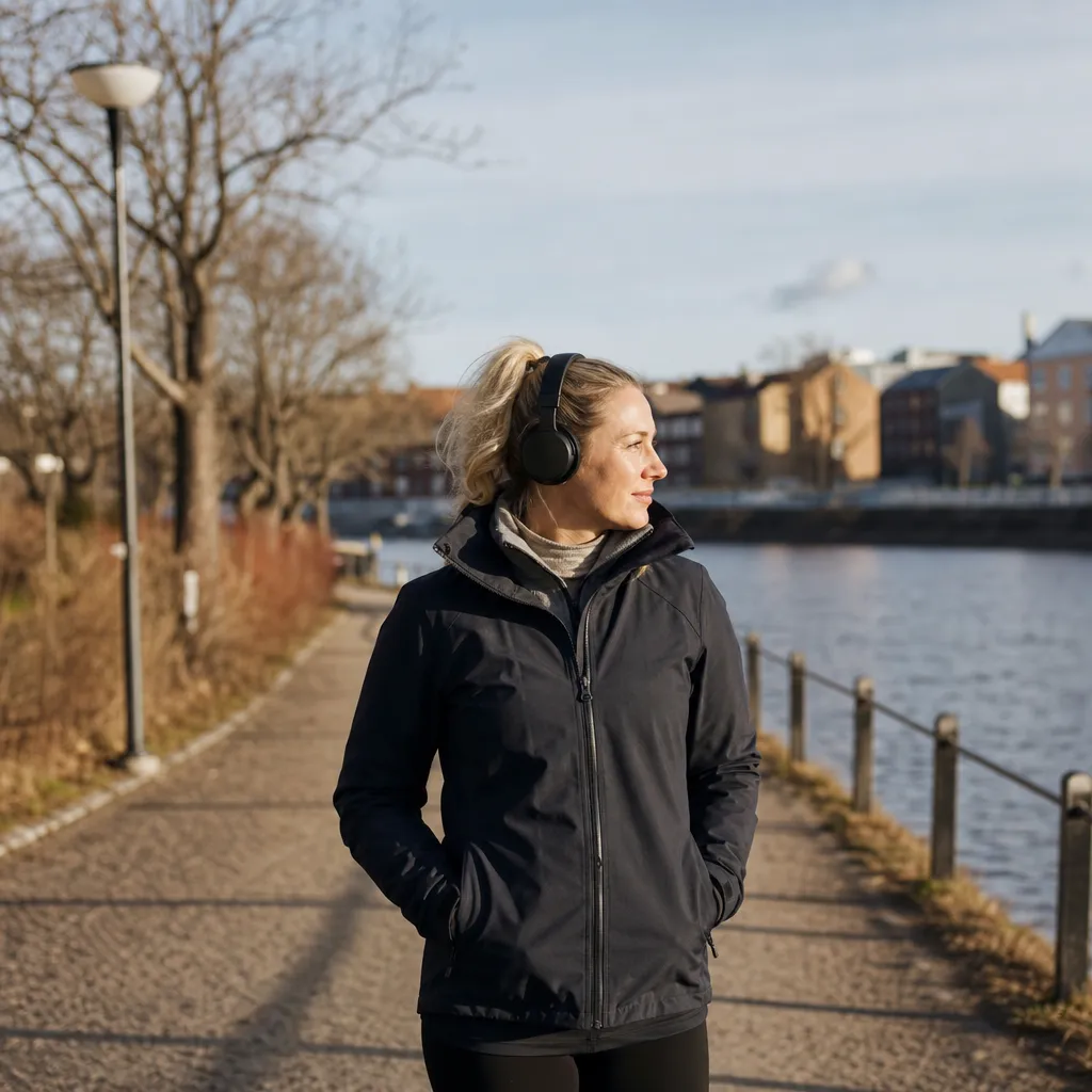 Person lyssnar på ljudbok i mobilen med hörlurar