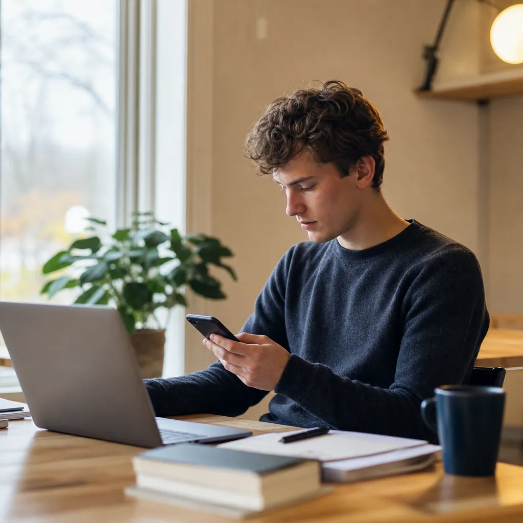 Student som surfar på mobilen med studentabonnemang