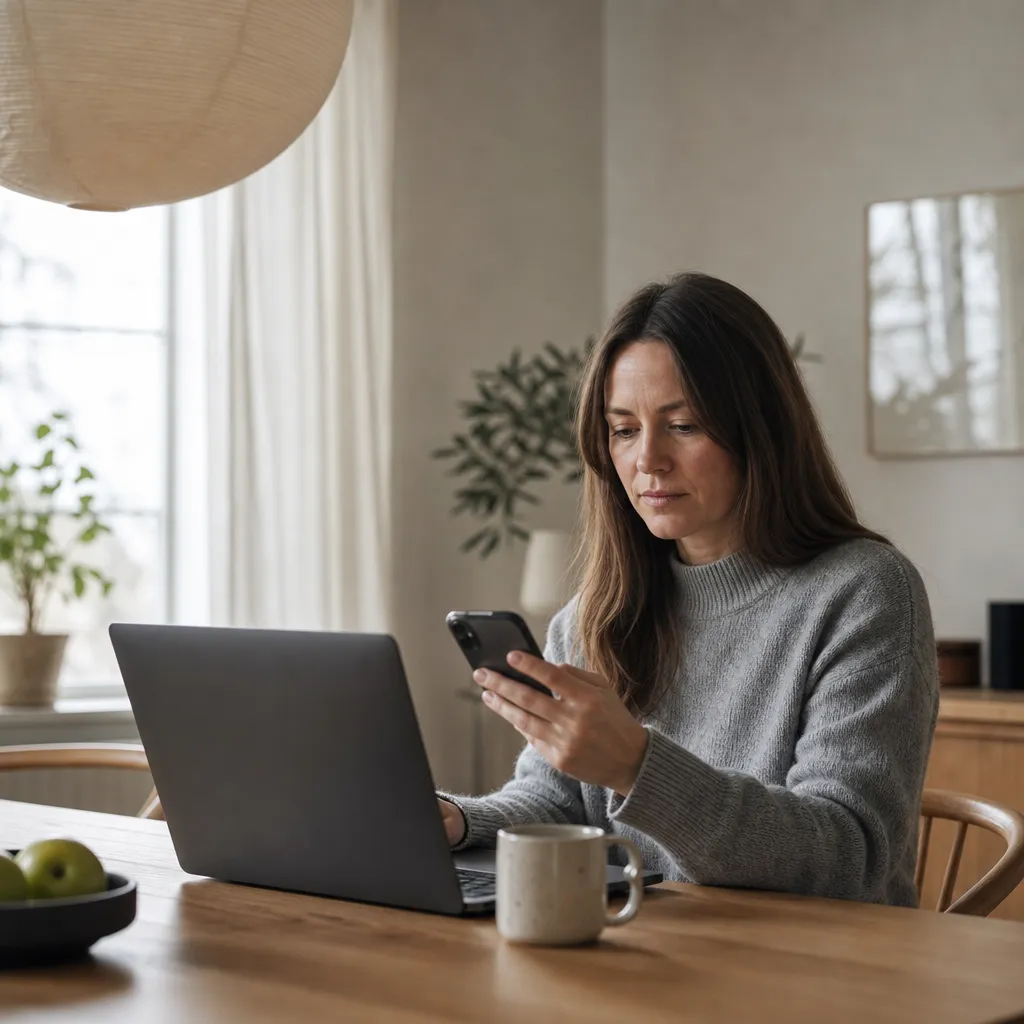 Person jämför mobilabonnemang på telefon och dator