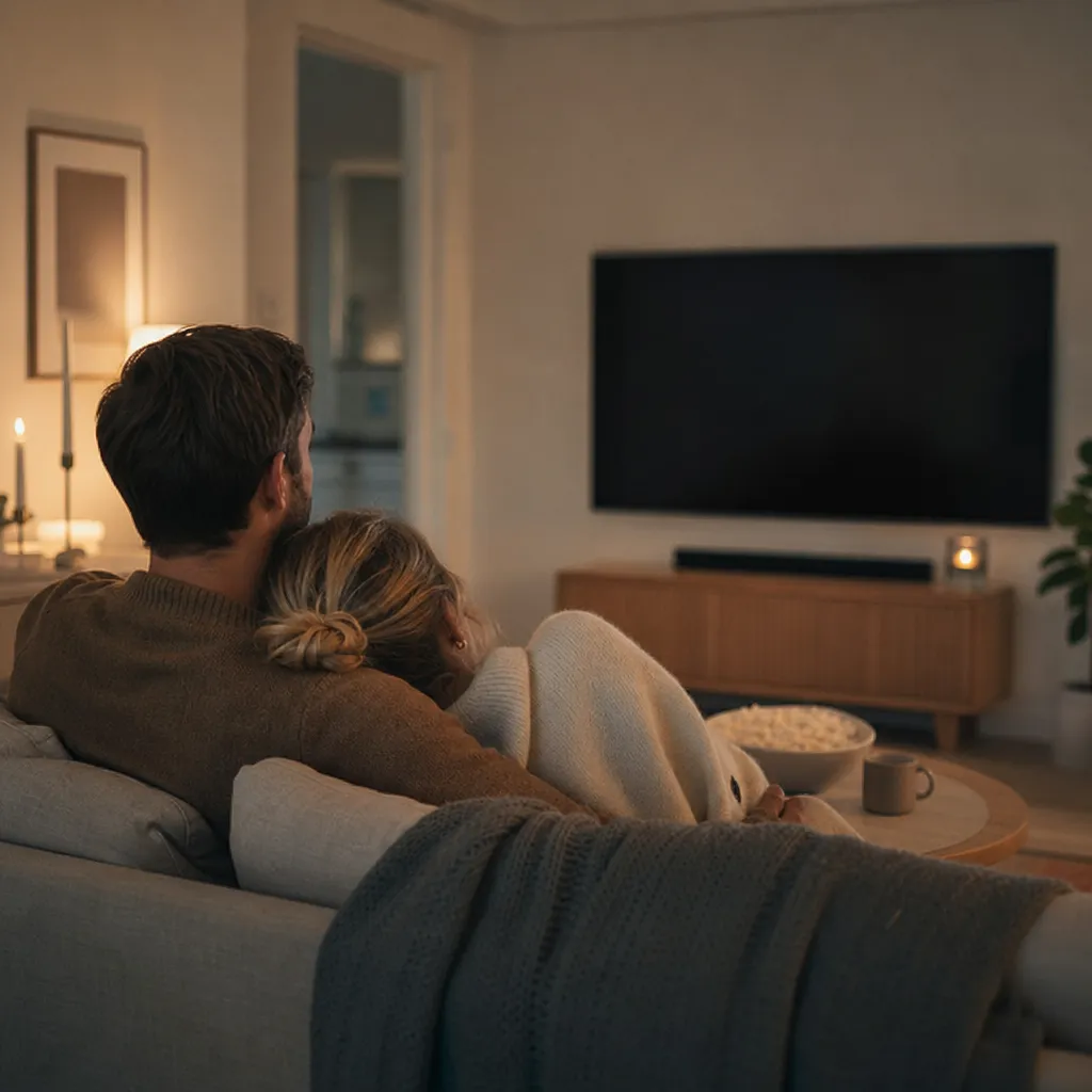 Tv-skärm med flera streamingtjänster i ett vardagsrum