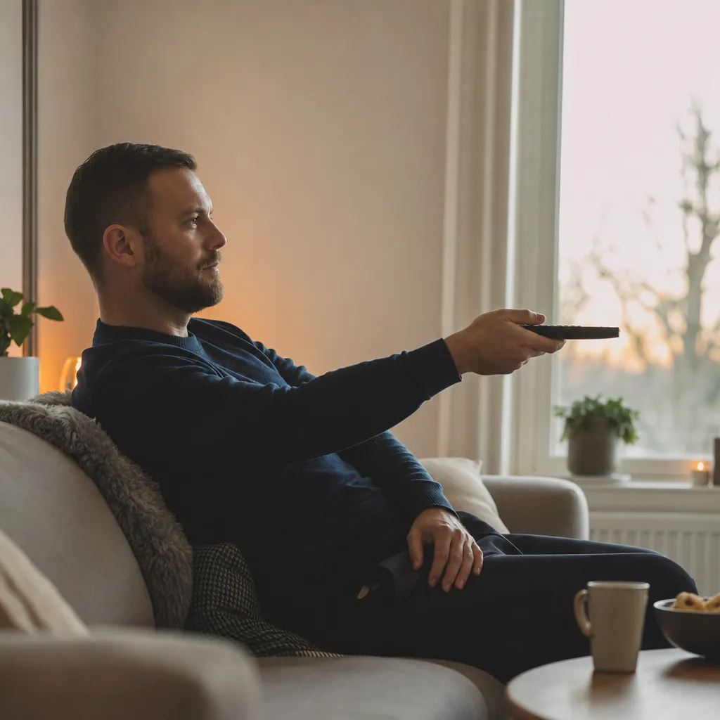Person jämför billiga tv-abonnemang vid tv:n
