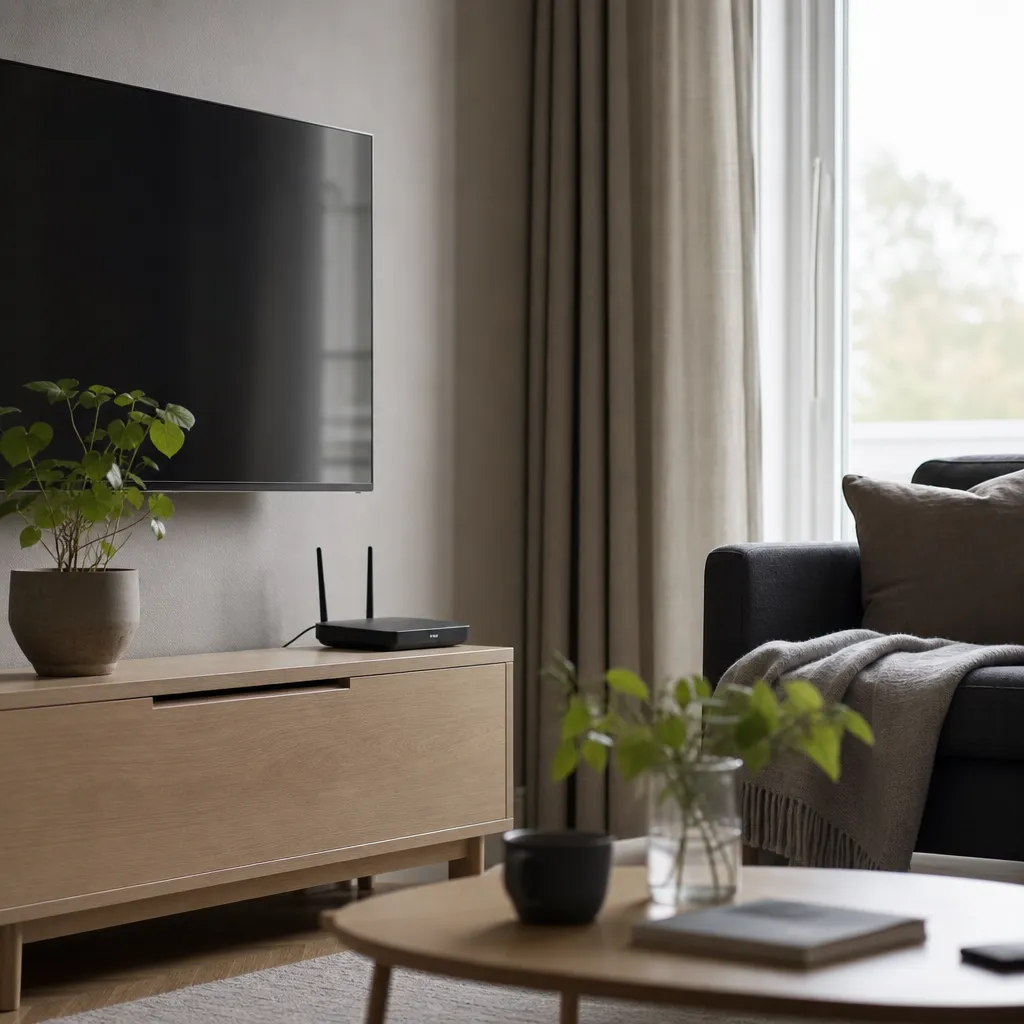 Tv och router hemma med fiberuppkoppling